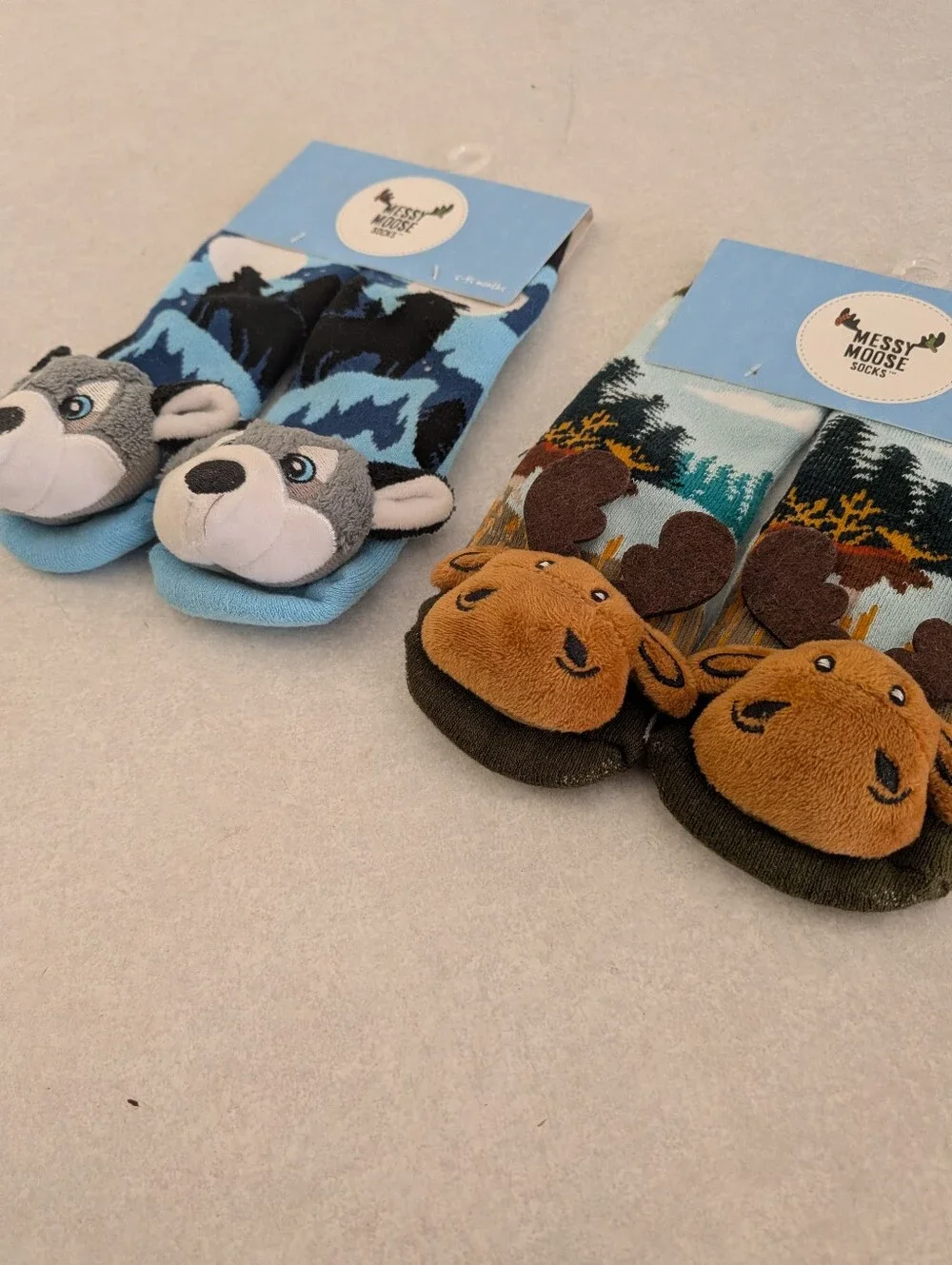 Messy Moose Kids Plush Animal Socks - Blue Wolf & Brown Moose
